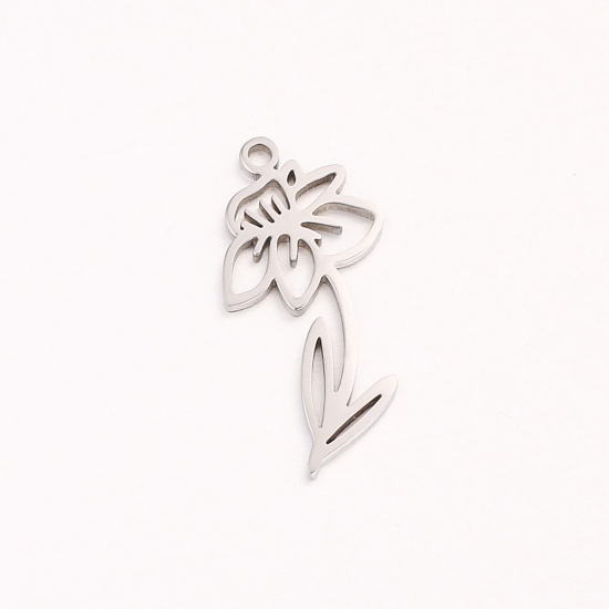 Picture of 1 Piece 304 Stainless Steel Birth Month Flower Charms Silver Tone March Hollow 10mm x 20mm