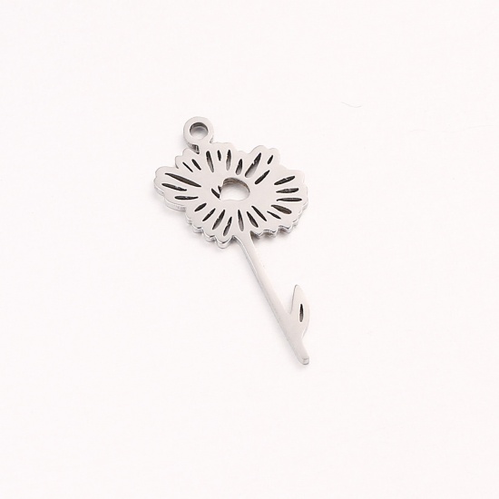 Picture of 1 Piece 304 Stainless Steel Birth Month Flower Charms Silver Tone April Hollow 10mm x 20mm