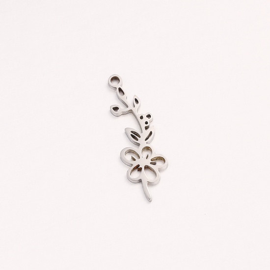 Picture of 1 Piece 304 Stainless Steel Birth Month Flower Charms Silver Tone May Hollow 10mm x 20mm