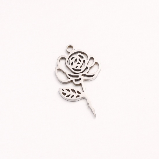 Picture of 1 Piece 304 Stainless Steel Birth Month Flower Charms Silver Tone June Hollow 10mm x 20mm