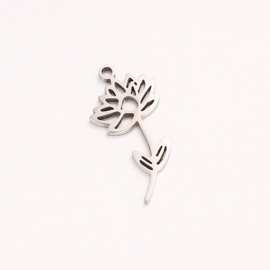 Picture of 1 Piece 304 Stainless Steel Birth Month Flower Charms Silver Tone July Hollow 10mm x 20mm