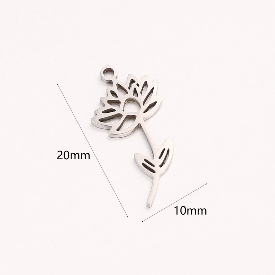 Picture of 1 Piece 304 Stainless Steel Birth Month Flower Charms Silver Tone July Hollow 10mm x 20mm