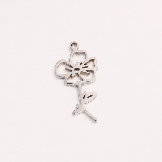 Picture of 1 Piece 304 Stainless Steel Birth Month Flower Charms Silver Tone August Hollow 10mm x 20mm