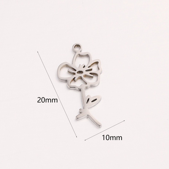 Picture of 1 Piece 304 Stainless Steel Birth Month Flower Charms Silver Tone August Hollow 10mm x 20mm