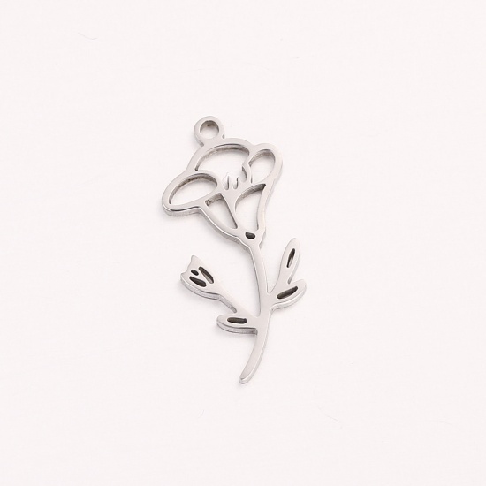 Picture of 1 Piece 304 Stainless Steel Birth Month Flower Charms Silver Tone September Hollow 10mm x 20mm