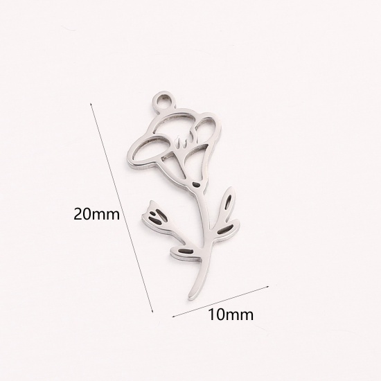 Picture of 1 Piece 304 Stainless Steel Birth Month Flower Charms Silver Tone September Hollow 10mm x 20mm