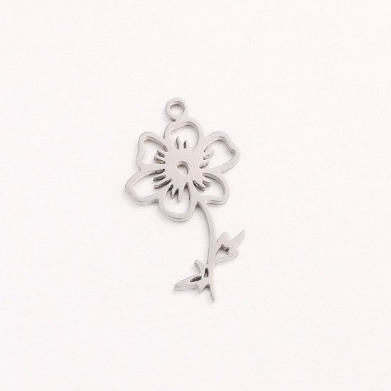 Picture of 1 Piece 304 Stainless Steel Birth Month Flower Charms Silver Tone October Hollow 10mm x 20mm