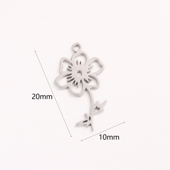 Picture of 1 Piece 304 Stainless Steel Birth Month Flower Charms Silver Tone October Hollow 10mm x 20mm