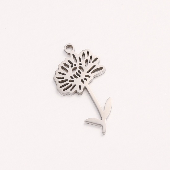 Picture of 1 Piece 304 Stainless Steel Birth Month Flower Charms Silver Tone November Hollow 10mm x 20mm
