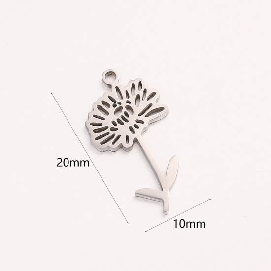 Picture of 1 Piece 304 Stainless Steel Birth Month Flower Charms Silver Tone November Hollow 10mm x 20mm