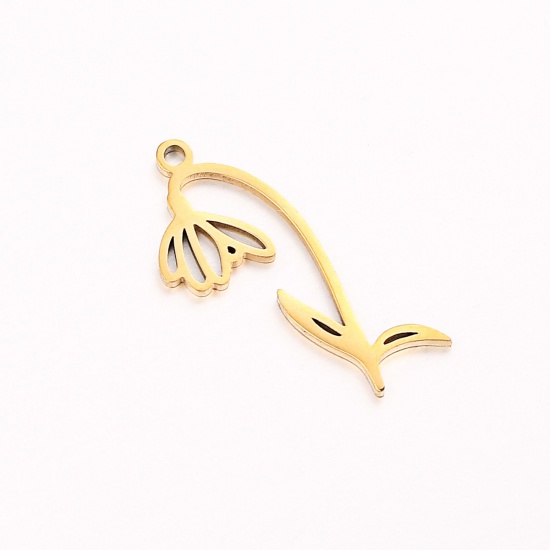 Picture of 1 Piece 304 Stainless Steel Birth Month Flower Charms Gold Plated January Hollow 10mm x 20mm