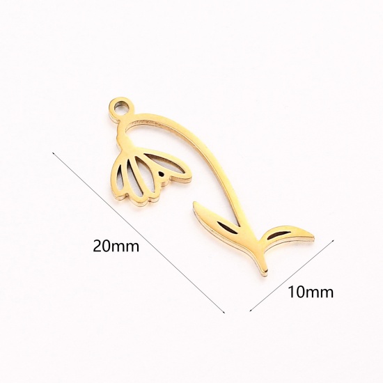 Picture of 1 Piece 304 Stainless Steel Birth Month Flower Charms Gold Plated January Hollow 10mm x 20mm