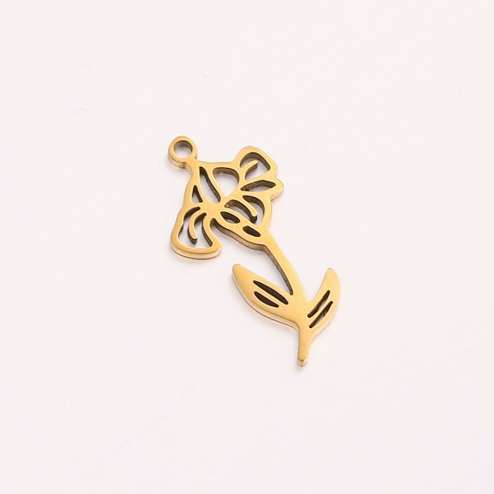 Picture of 1 Piece 304 Stainless Steel Birth Month Flower Charms Gold Plated February Hollow 10mm x 20mm