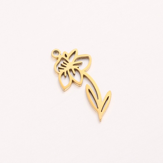 Picture of 1 Piece 304 Stainless Steel Birth Month Flower Charms Gold Plated March Hollow 10mm x 20mm