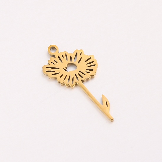 Picture of 1 Piece 304 Stainless Steel Birth Month Flower Charms Gold Plated April Hollow 10mm x 20mm