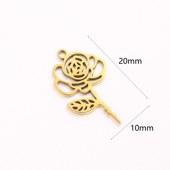 Picture of 1 Piece 304 Stainless Steel Birth Month Flower Charms Gold Plated June Hollow 10mm x 20mm