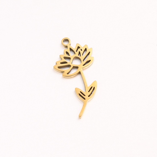 Picture of 1 Piece 304 Stainless Steel Birth Month Flower Charms Gold Plated July Hollow 10mm x 20mm