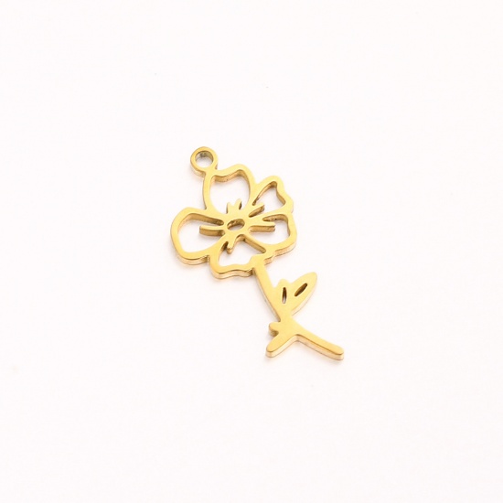 Picture of 1 Piece 304 Stainless Steel Birth Month Flower Charms Gold Plated August Hollow 10mm x 20mm