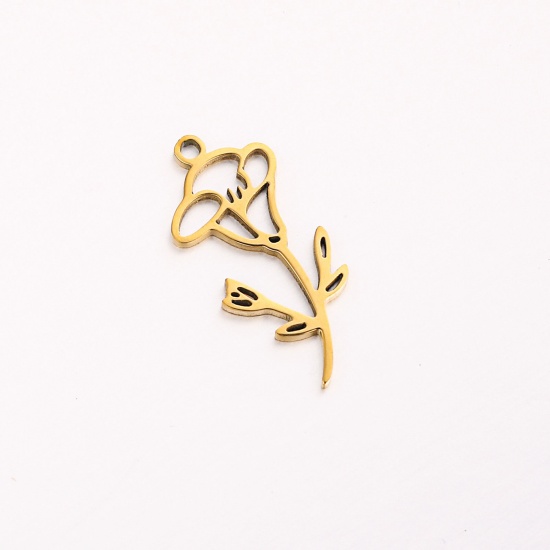 Picture of 1 Piece 304 Stainless Steel Birth Month Flower Charms Gold Plated September Hollow 10mm x 20mm