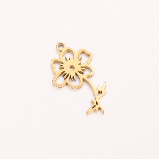 Picture of 1 Piece 304 Stainless Steel Birth Month Flower Charms Gold Plated October Hollow 10mm x 20mm