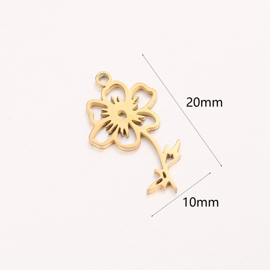 Picture of 1 Piece 304 Stainless Steel Birth Month Flower Charms Gold Plated October Hollow 10mm x 20mm