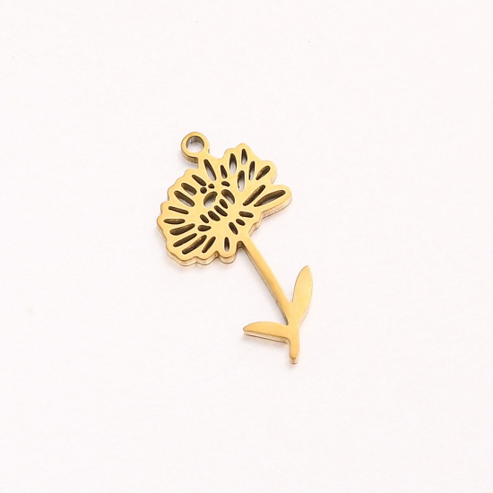 Picture of 1 Piece 304 Stainless Steel Birth Month Flower Charms Gold Plated November Hollow 10mm x 20mm