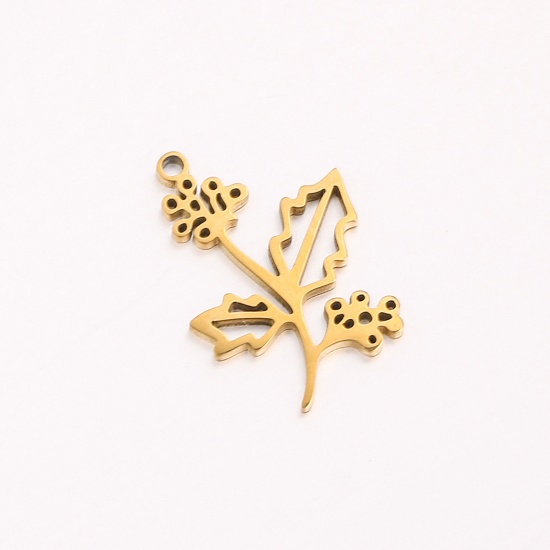 Picture of 1 Piece 304 Stainless Steel Birth Month Flower Charms Gold Plated Hollow 10mm x 20mm