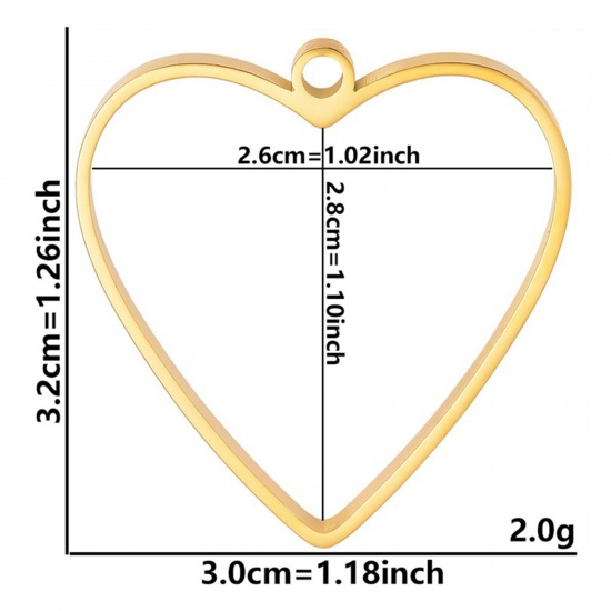 Picture of 2 PCs Eco-friendly PVD Vacuum Plating 304 Stainless Steel Open Back Bezel Pendants For Resin Gold Plated Heart Hollow 3.2cm x 3cm
