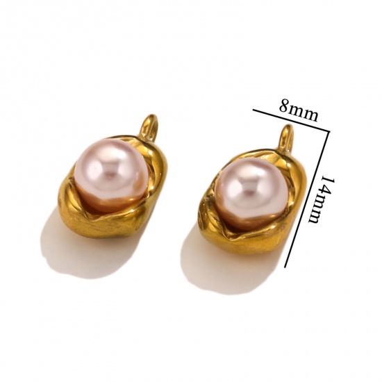 Picture of 1 Piece 304 Stainless Steel Charms 18K Gold Plated Light Pink Pea Imitation Pearl 14mm x 8mm