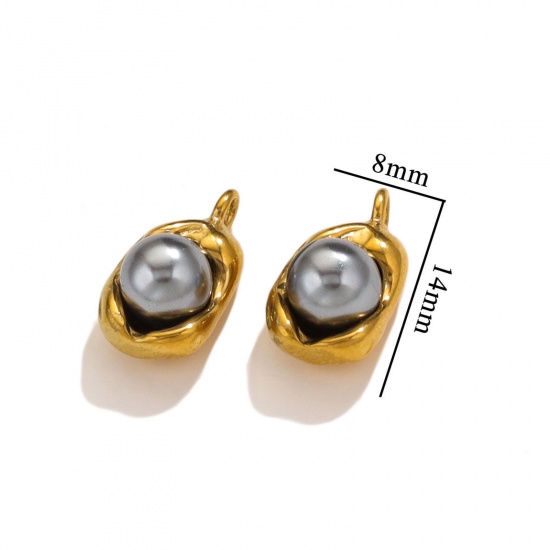 Picture of 1 Piece 304 Stainless Steel Charms 18K Gold Plated Dark Gray Pea Imitation Pearl 14mm x 8mm