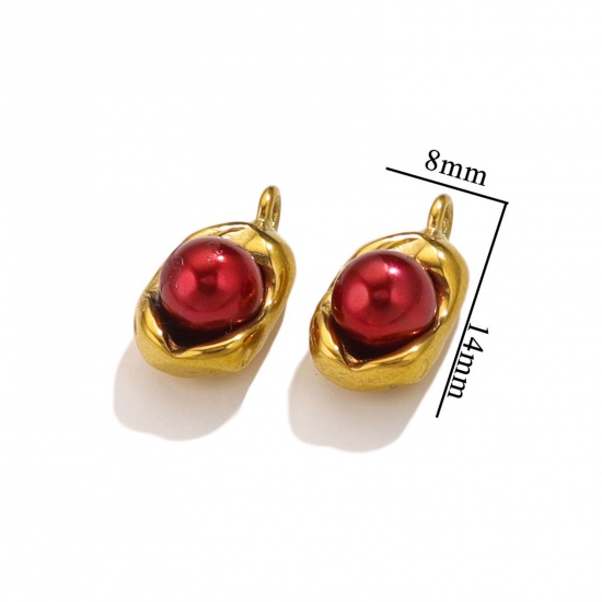 Picture of 1 Piece 304 Stainless Steel Charms 18K Gold Plated Red Pea Imitation Pearl 14mm x 8mm