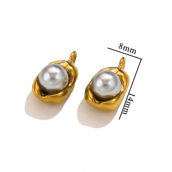 Picture of 1 Piece 304 Stainless Steel Charms 18K Gold Plated French Gray Pea Imitation Pearl 14mm x 8mm