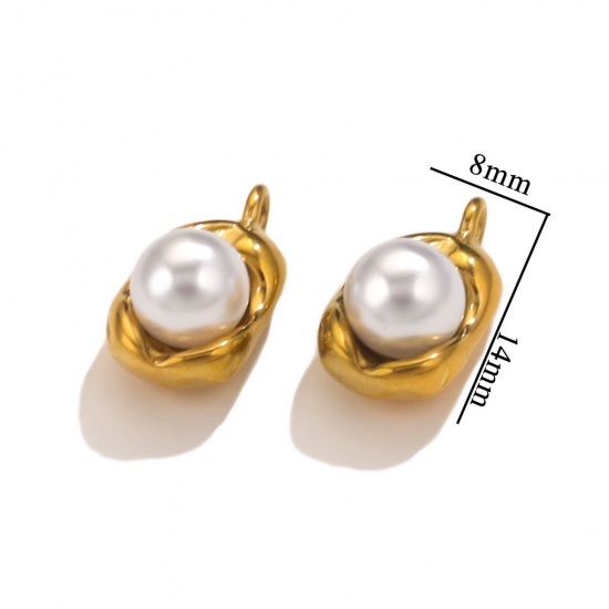 Picture of 1 Piece 304 Stainless Steel Charms 18K Gold Plated White Pea Imitation Pearl 14mm x 8mm