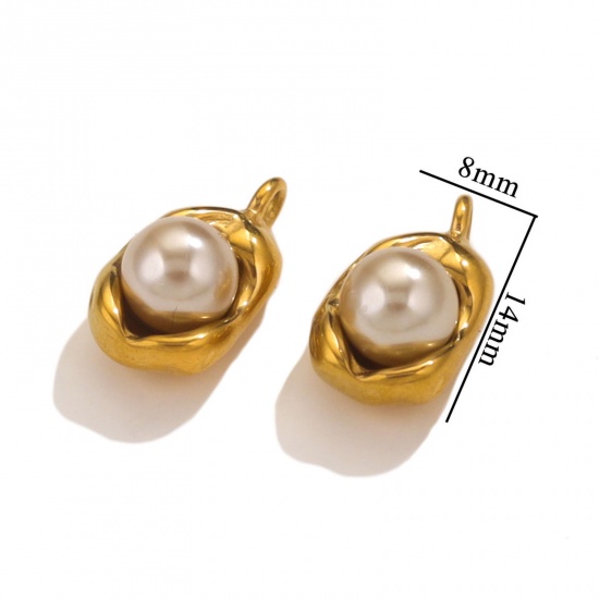 Picture of 1 Piece 304 Stainless Steel Charms 18K Gold Plated Champagne Pea Imitation Pearl 14mm x 8mm