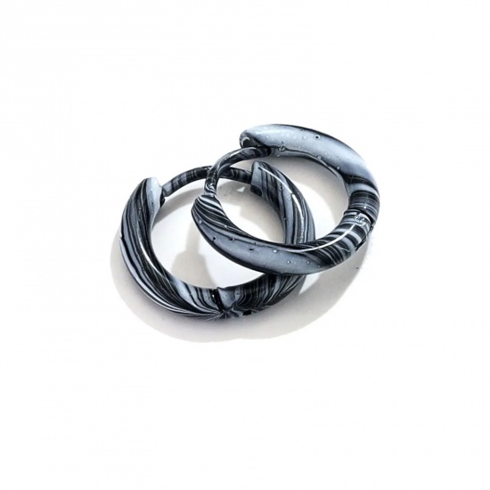 Picture of 1 Pair 304 Stainless Steel Hoop Earrings Black & White Round Enamel 12mm Dia.
