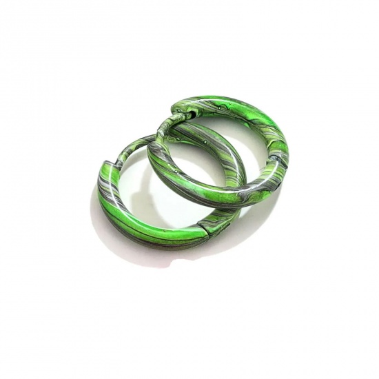 Picture of 1 Pair 304 Stainless Steel Hoop Earrings Black & Green Round Enamel 12mm Dia.