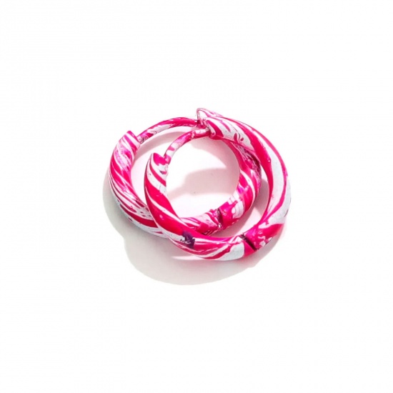 Picture of 1 Pair 304 Stainless Steel Hoop Earrings White & Pink Round Enamel 12mm Dia.