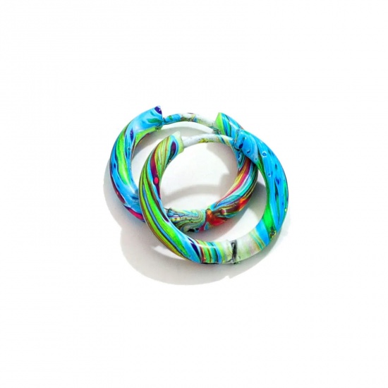 Picture of 1 Pair 304 Stainless Steel Hoop Earrings Multicolor Round Enamel 12mm Dia.