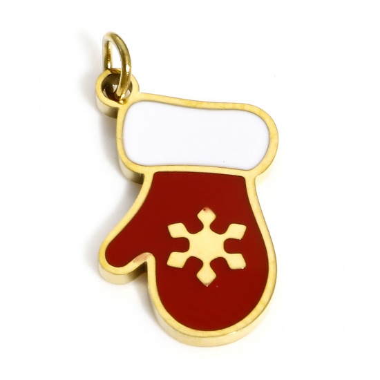Bild von 1 Stück Umweltfreundliche PVD-Vakuumbeschichtung 304 Edelstahl Charms Vergoldet Weiß & Rot Weihnachten Handschuhe Schneeflocke Emaille 21mm x 12mm