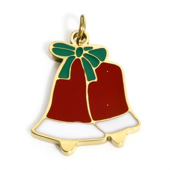 Bild von 1 Stück Umweltfreundliche PVD-Vakuumbeschichtung 304 Edelstahl Charms Vergoldet Bunt Weihnachten Jingling Schelle Schleife Emaille 20mm x 14mm