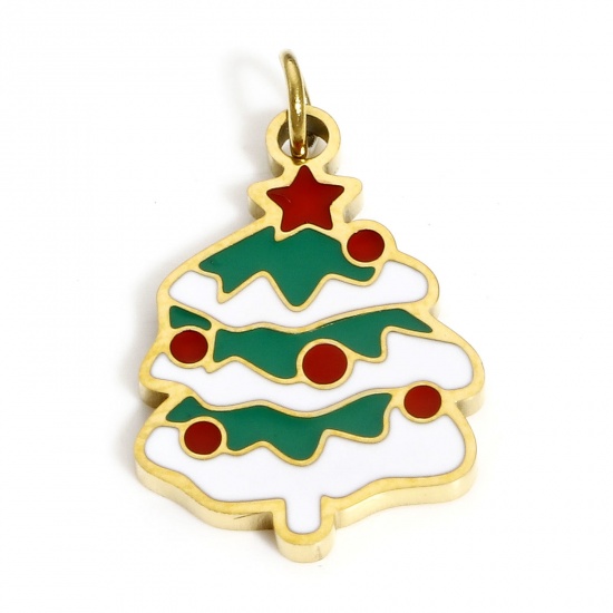 Bild von 1 Stück Umweltfreundliche PVD-Vakuumbeschichtung 304 Edelstahl Charms Vergoldet Bunt Weihnachten Weihnachtsbaum Pentagramm Emaille 20mm x 12mm