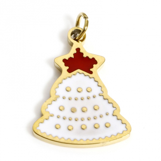 Bild von 1 Stück Umweltfreundliche PVD-Vakuumbeschichtung 304 Edelstahl Charms Vergoldet Weiß & Rot Weihnachten Weihnachtsbaum Pentagramm Emaille 20mm x 13mm