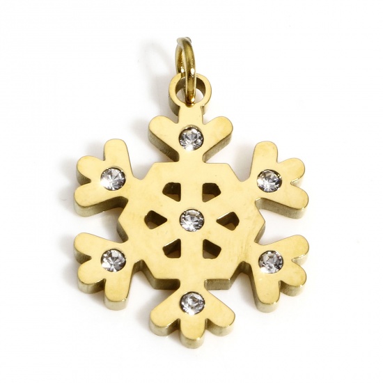 Bild von 1 Stück Umweltfreundliche PVD-Vakuumbeschichtung 304 Edelstahl Charms Vergoldet Weihnachten Schneeflocke Emaille Transparent Strass 20mm x 13.5mm