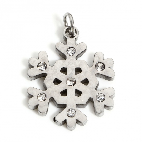 Bild von 1 Stück 304 Edelstahl Charms Weihnachten Schneeflocke Silberfarbe Emaille 20mm x 13.5mm