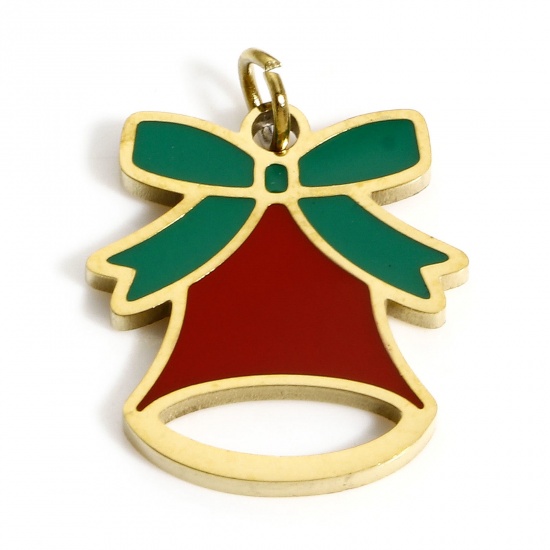 Bild von 1 Stück Umweltfreundliche PVD-Vakuumbeschichtung 304 Edelstahl Charms Vergoldet Rot & Grün Weihnachten Jingling Schelle Schleife Emaille 18mm x 14mm