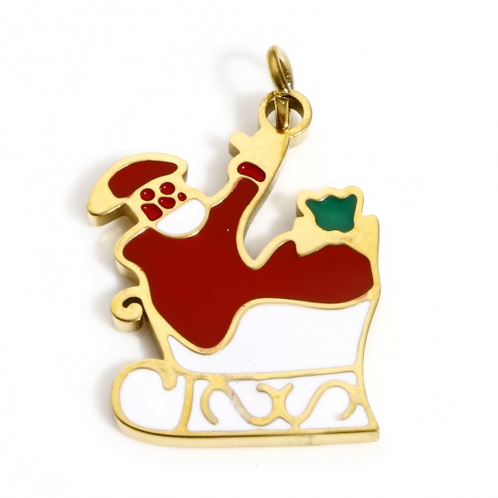 Bild von 1 Stück Umweltfreundliche PVD-Vakuumbeschichtung 304 Edelstahl Charms Vergoldet Weiß & Rot Weihnachten Schlitten Weihnachten Weihnachtsmann Emaille 20mm x 13mm