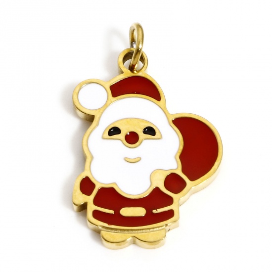 Bild von 1 Stück Umweltfreundliche PVD-Vakuumbeschichtung 304 Edelstahl Charms Vergoldet Weiß & Rot Weihnachten Weihnachtsmann Emaille 20mm x 12mm