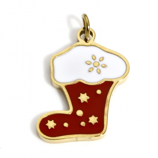 Bild von 1 Stück Umweltfreundliche PVD-Vakuumbeschichtung 304 Edelstahl Charms Vergoldet Weiß & Rot Weihnachtsstiefel Stern Emaille 20mm x 13mm