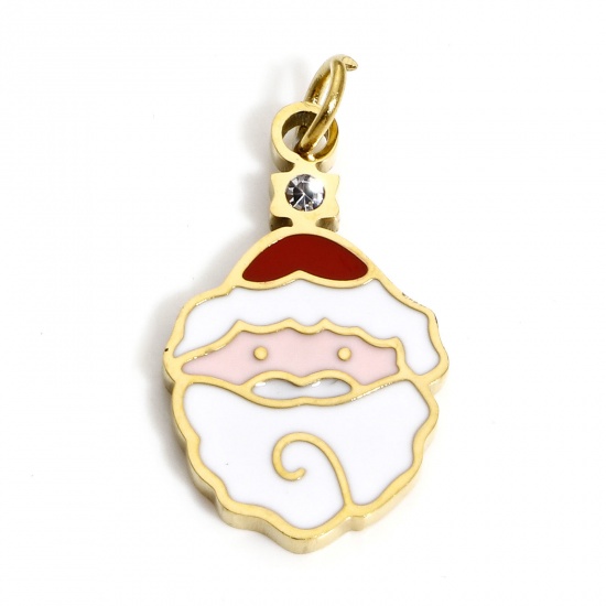 Bild von 1 Stück Umweltfreundliche PVD-Vakuumbeschichtung 304 Edelstahl Charms Vergoldet Weiß & Rot Weihnachten Weihnachtsmann Emaille Transparent Strass 20mm x 10mm