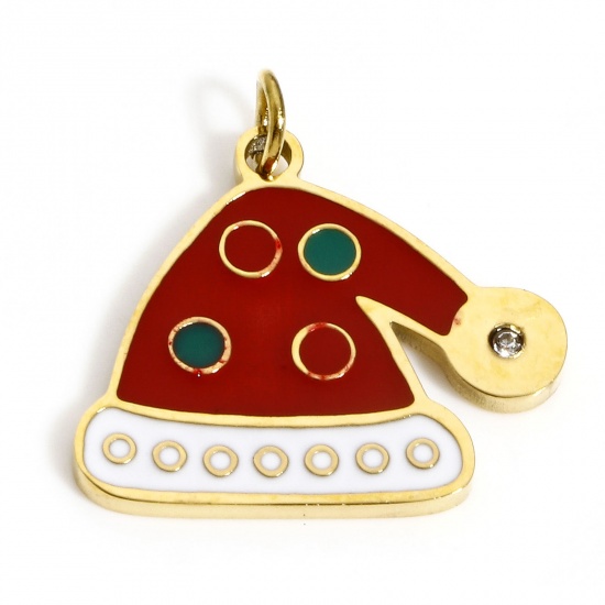 Bild von 1 Stück Umweltfreundliche PVD-Vakuumbeschichtung 304 Edelstahl Charms Vergoldet Weiß & Rot Weihnachten Weihnachtsmütze Emaille Transparent Strass 18mm x 17mm